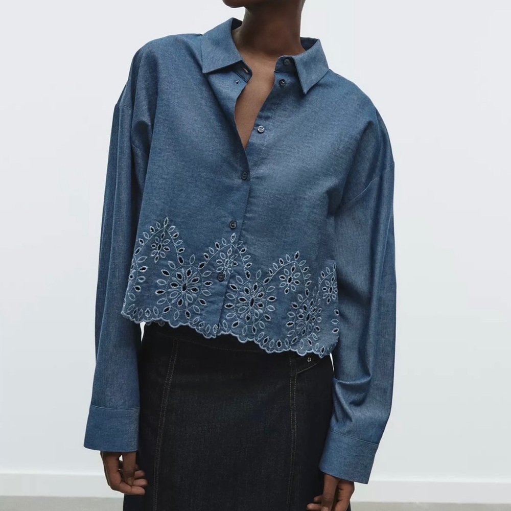 ZARA Cropped Denim Shirt Blouse XL Blue Cutwork Eyelet Embroidered Scalloped NWT